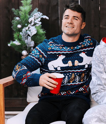 Mens Fair Isle Christmas Sweater with Polar Bears in Santa Hats Raising a Toast