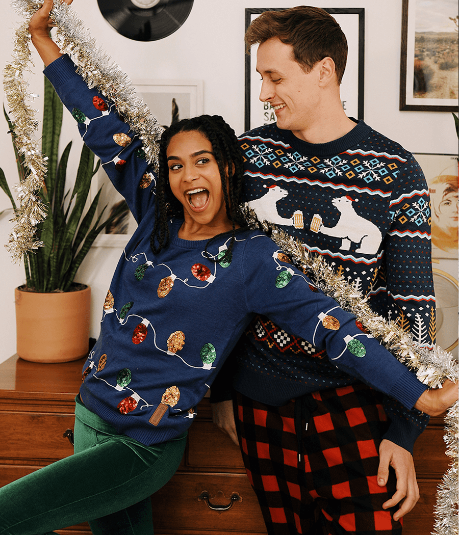 Mens Fair Isle Christmas Sweater with Polar Bears in Santa Hats Raising a Toast
