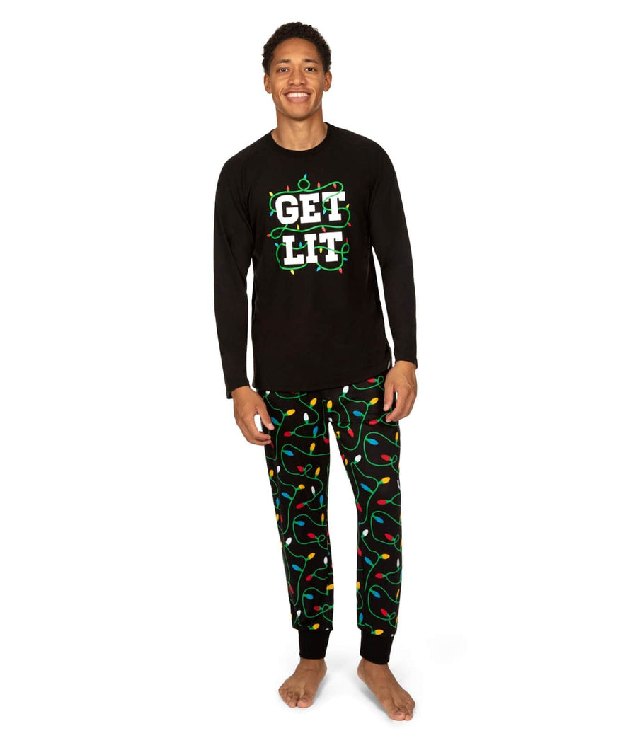 Mens Get Lit Christmas Pajama Set with Fairy Light Print Top and Pants