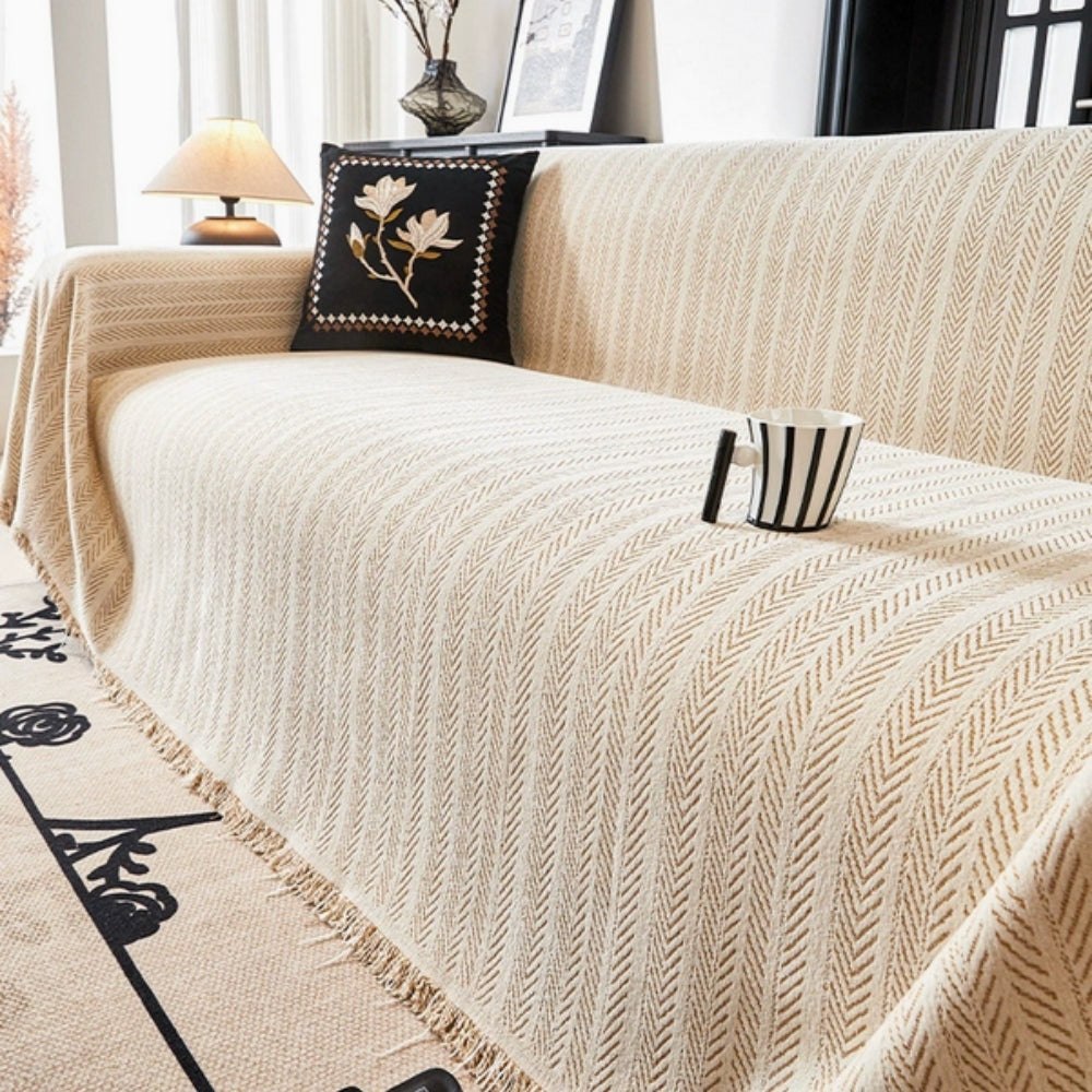 Microfiber Chenille Sofa Cover with Herringbone Weave and Tassel Trim