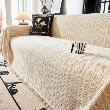 Microfiber Chenille Sofa Cover with Herringbone Weave and Tassel Trim