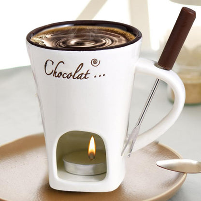 Ceramic Fondue Cup with Candle Base and Stainless Steel Fork