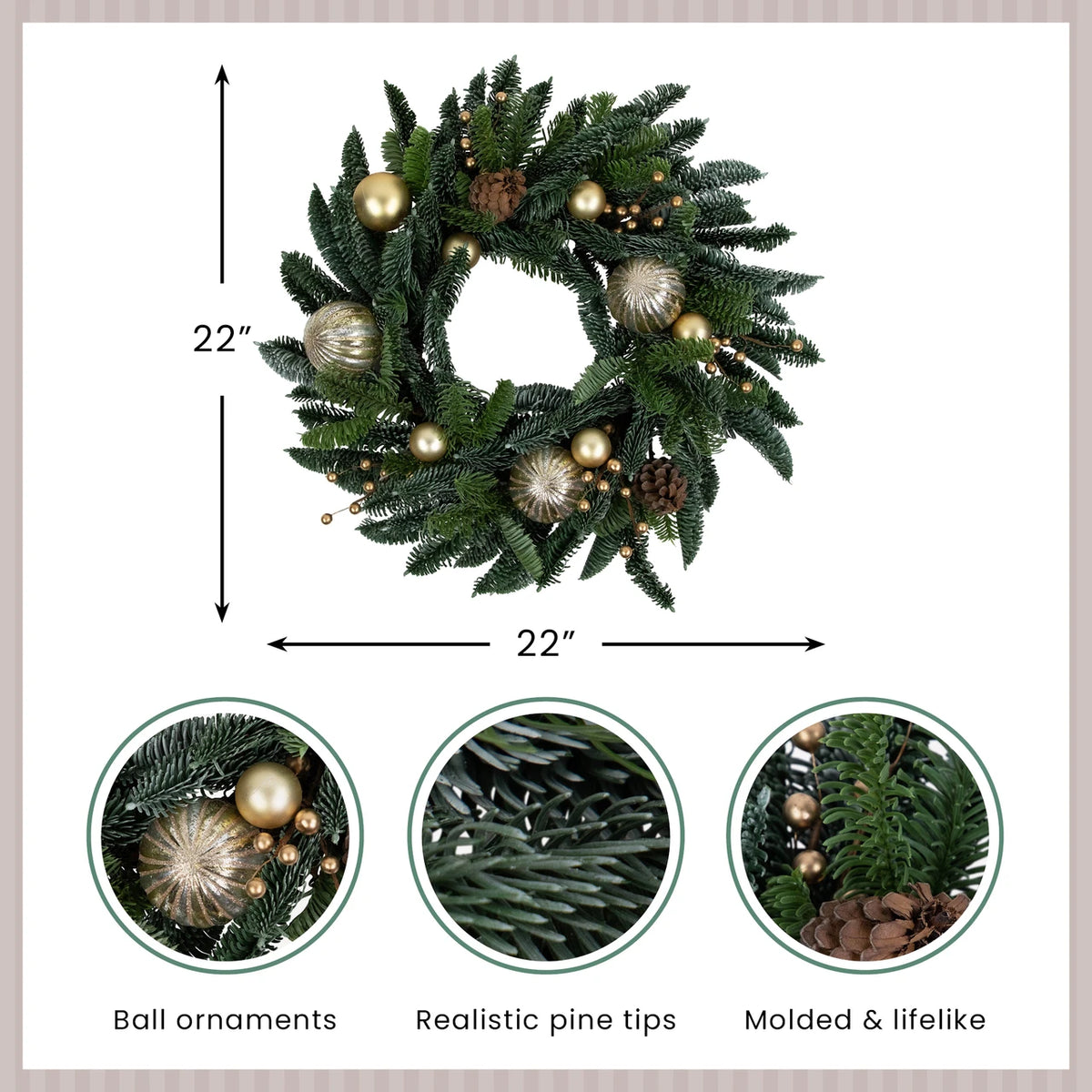 Evergreen Christmas Wreath with Shatterproof Gold Ornaments and Grapevine Back 22 Inch