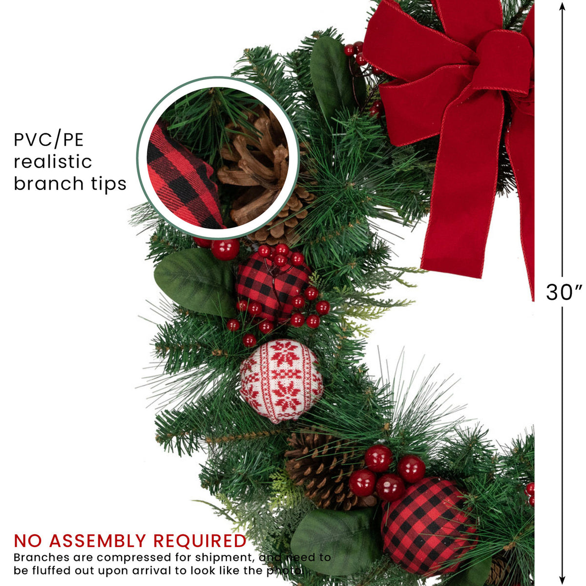 Snowflake Sweater Ornament Christmas Wreath with Red Bow 30 Inch