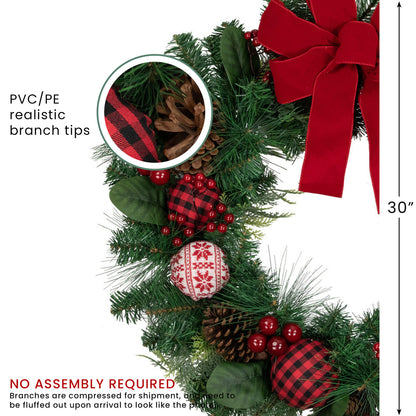 Snowflake Sweater Ornament Christmas Wreath with Red Bow 30 Inch