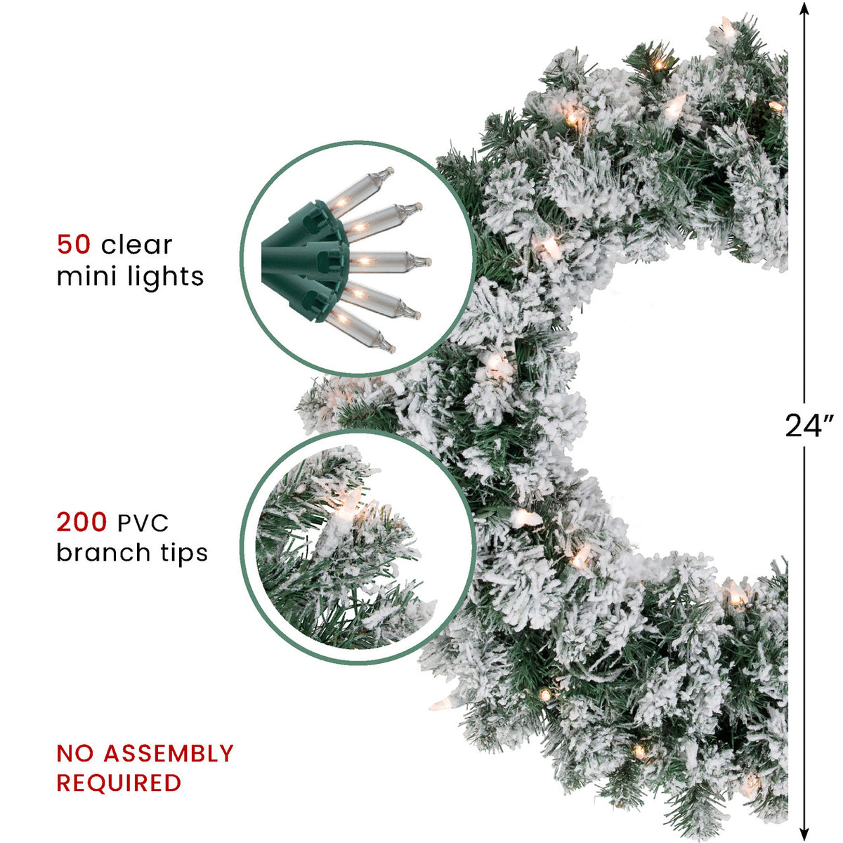 Snow Dusted White Christmas Wreath with 50 Plug In Mini Lights 24 Inch