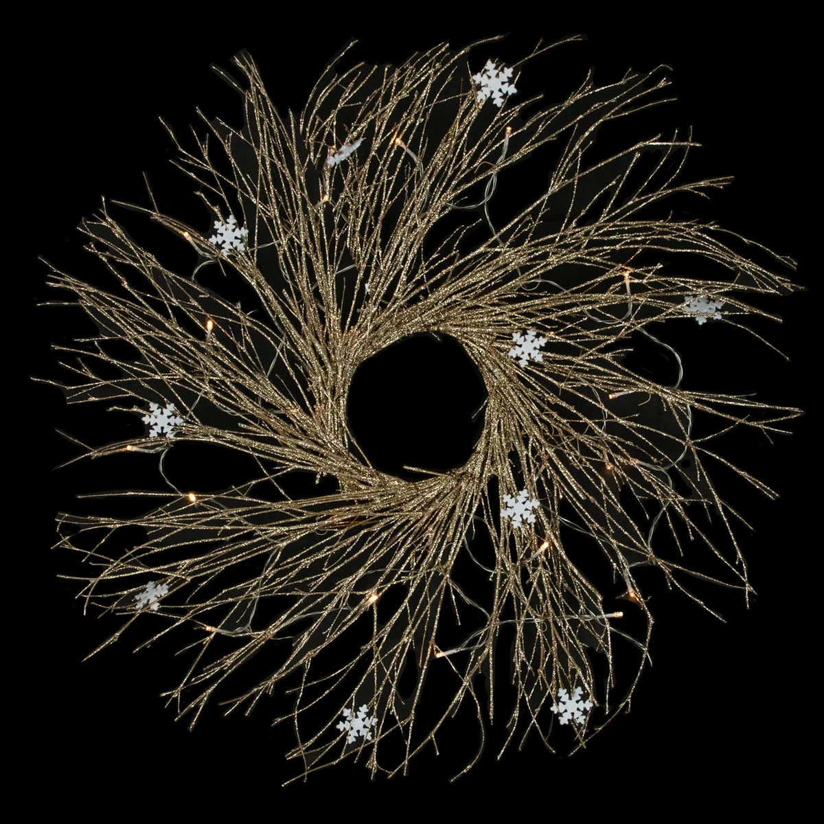 Snowflake Accent Twig Wreath with Battery LED Lights and Gold Sparkle 28 Inch