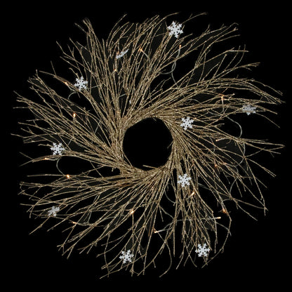 Snowflake Accent Twig Wreath with Battery LED Lights and Gold Sparkle 28 Inch