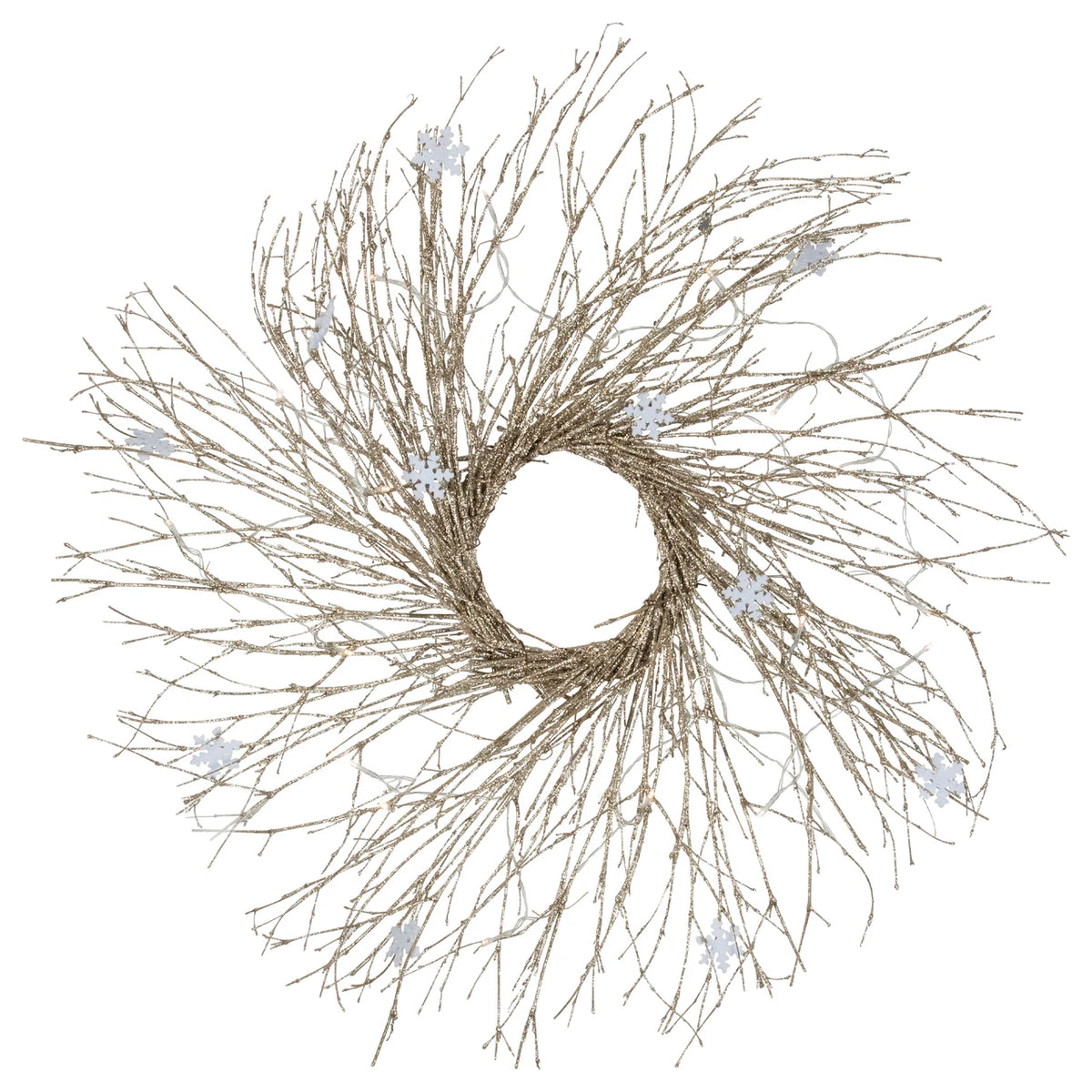 Snowflake Accent Twig Wreath with Battery LED Lights and Gold Sparkle 28 Inch