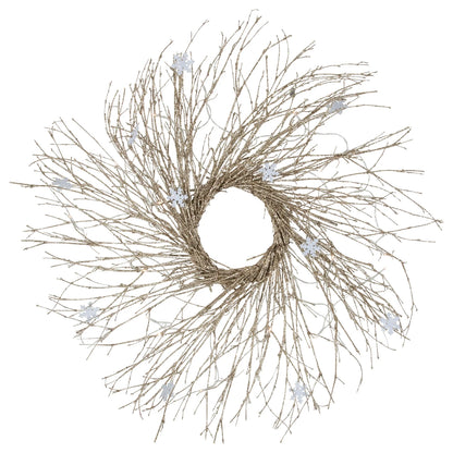 Snowflake Accent Twig Wreath with Battery LED Lights and Gold Sparkle 28 Inch