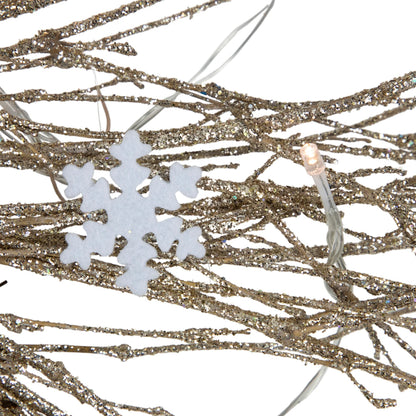 Snowflake Accent Twig Wreath with Battery LED Lights and Gold Sparkle 28 Inch