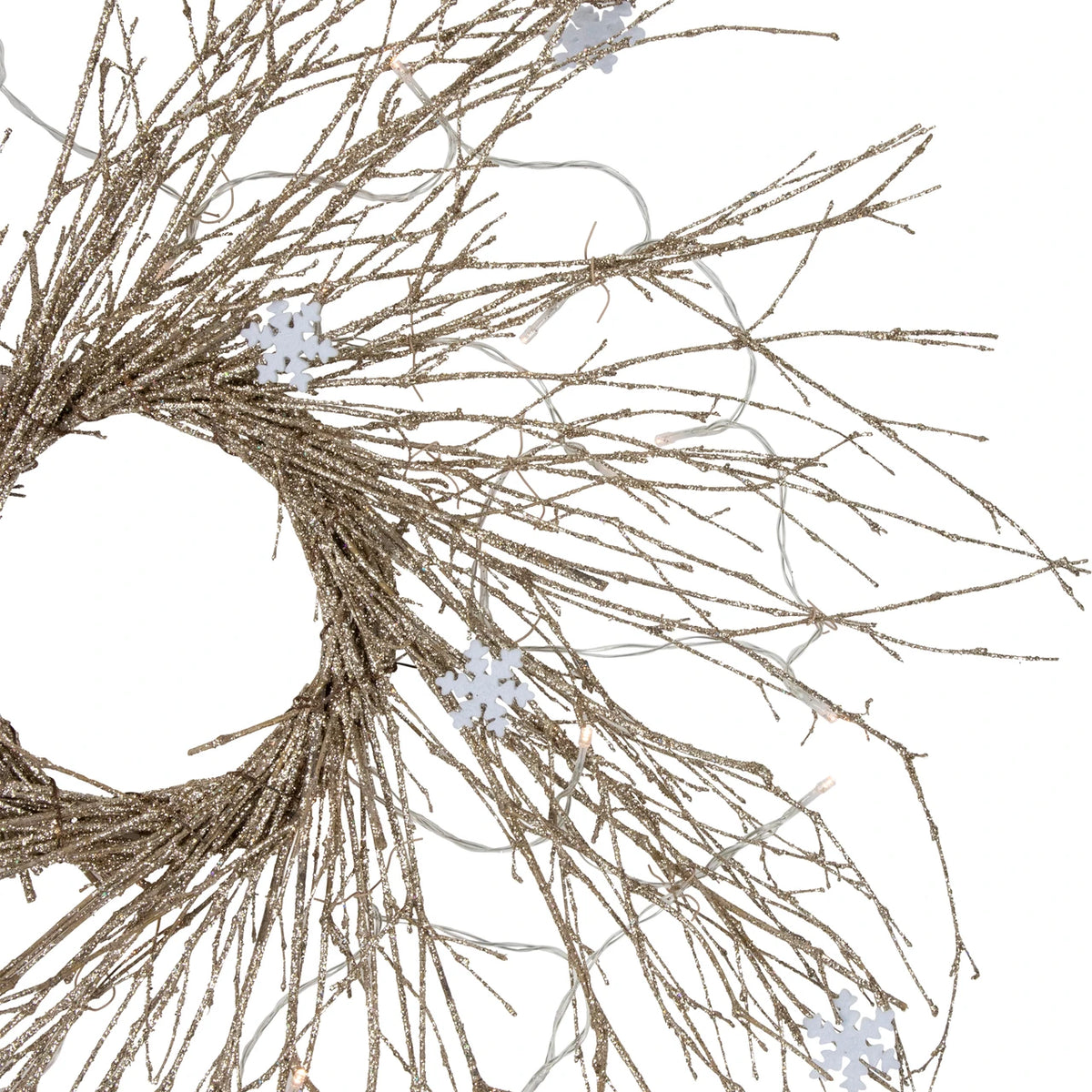 Snowflake Accent Twig Wreath with Battery LED Lights and Gold Sparkle 28 Inch