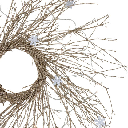 Snowflake Accent Twig Wreath with Battery LED Lights and Gold Sparkle 28 Inch