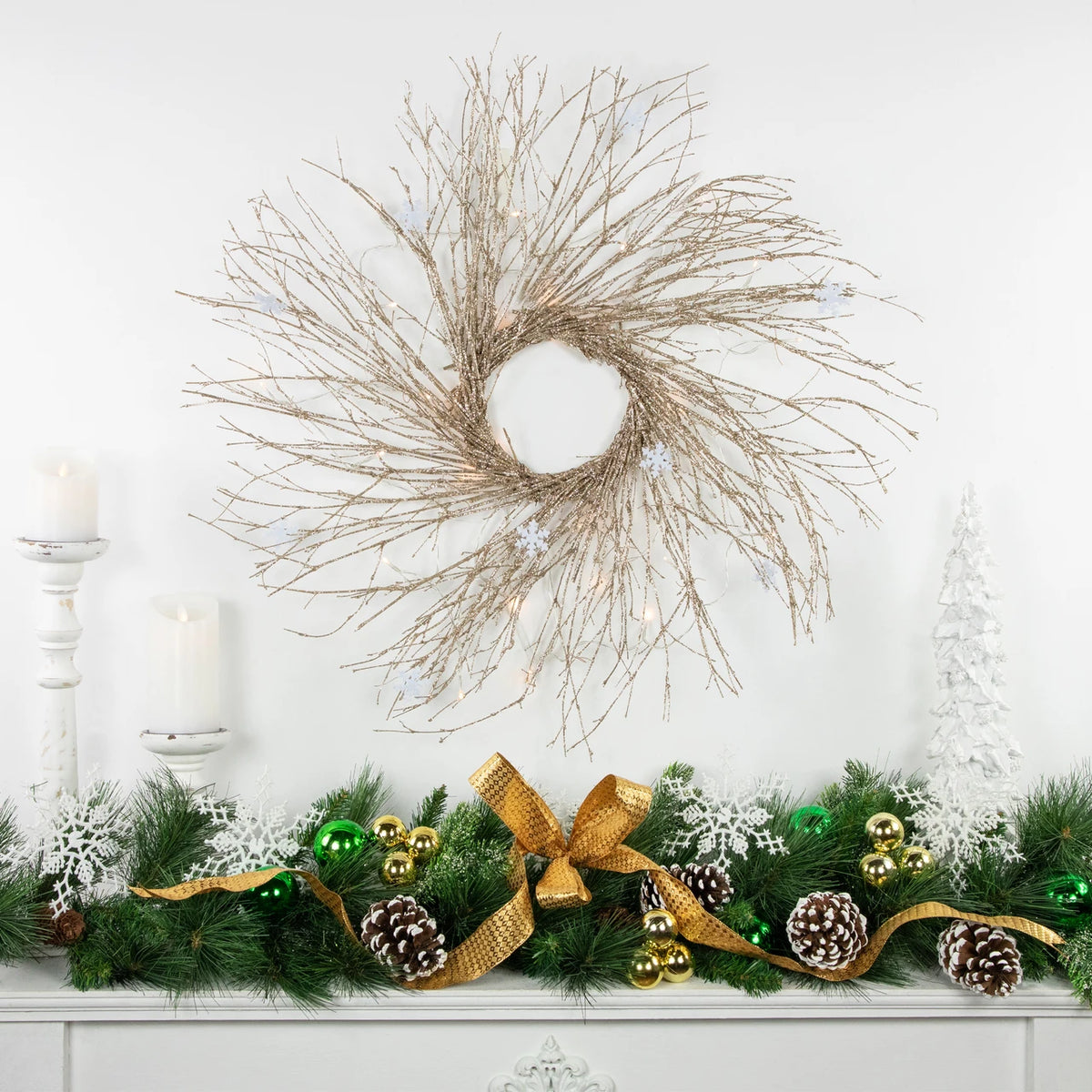 Snowflake Accent Twig Wreath with Battery LED Lights and Gold Sparkle 28 Inch