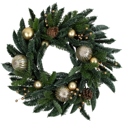 Evergreen Christmas Wreath with Shatterproof Gold Ornaments and Grapevine Back 22 Inch