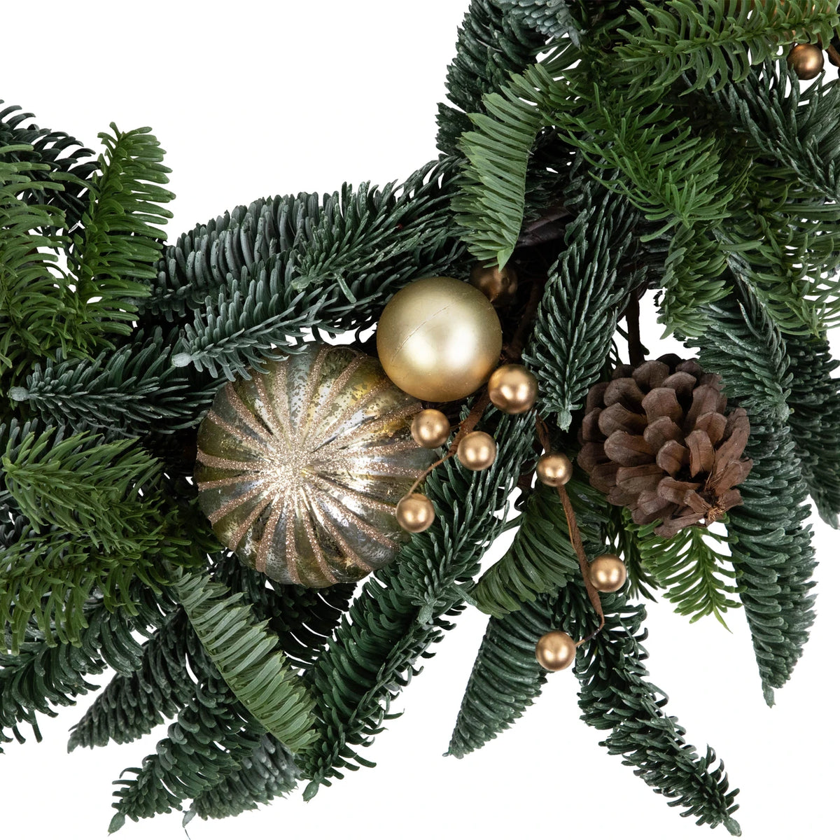 Evergreen Christmas Wreath with Shatterproof Gold Ornaments and Grapevine Back 22 Inch