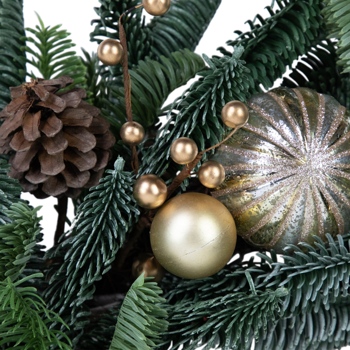 Evergreen Christmas Wreath with Shatterproof Gold Ornaments and Grapevine Back 22 Inch