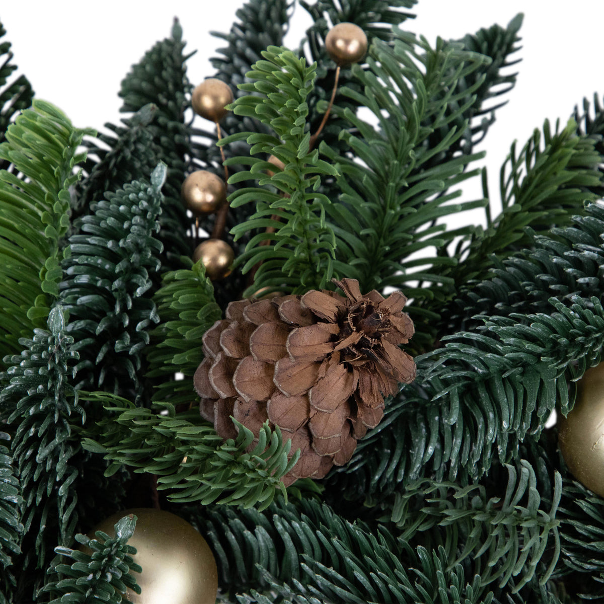 Evergreen Christmas Wreath with Shatterproof Gold Ornaments and Grapevine Back 22 Inch