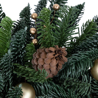 Evergreen Christmas Wreath with Shatterproof Gold Ornaments and Grapevine Back 22 Inch