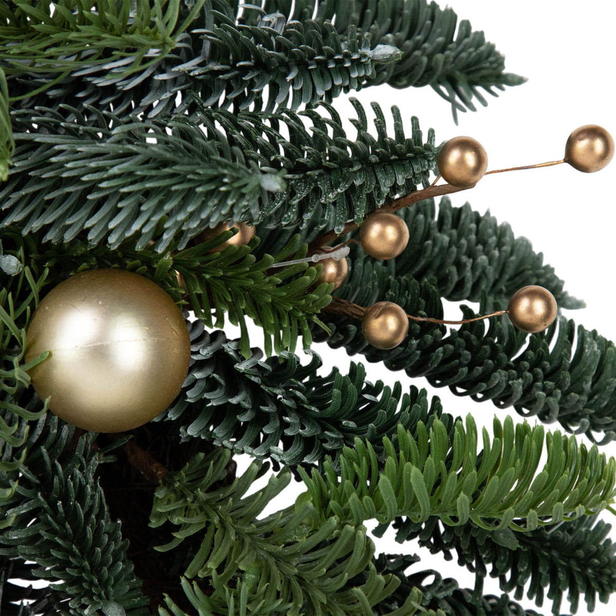 Evergreen Christmas Wreath with Shatterproof Gold Ornaments and Grapevine Back 22 Inch