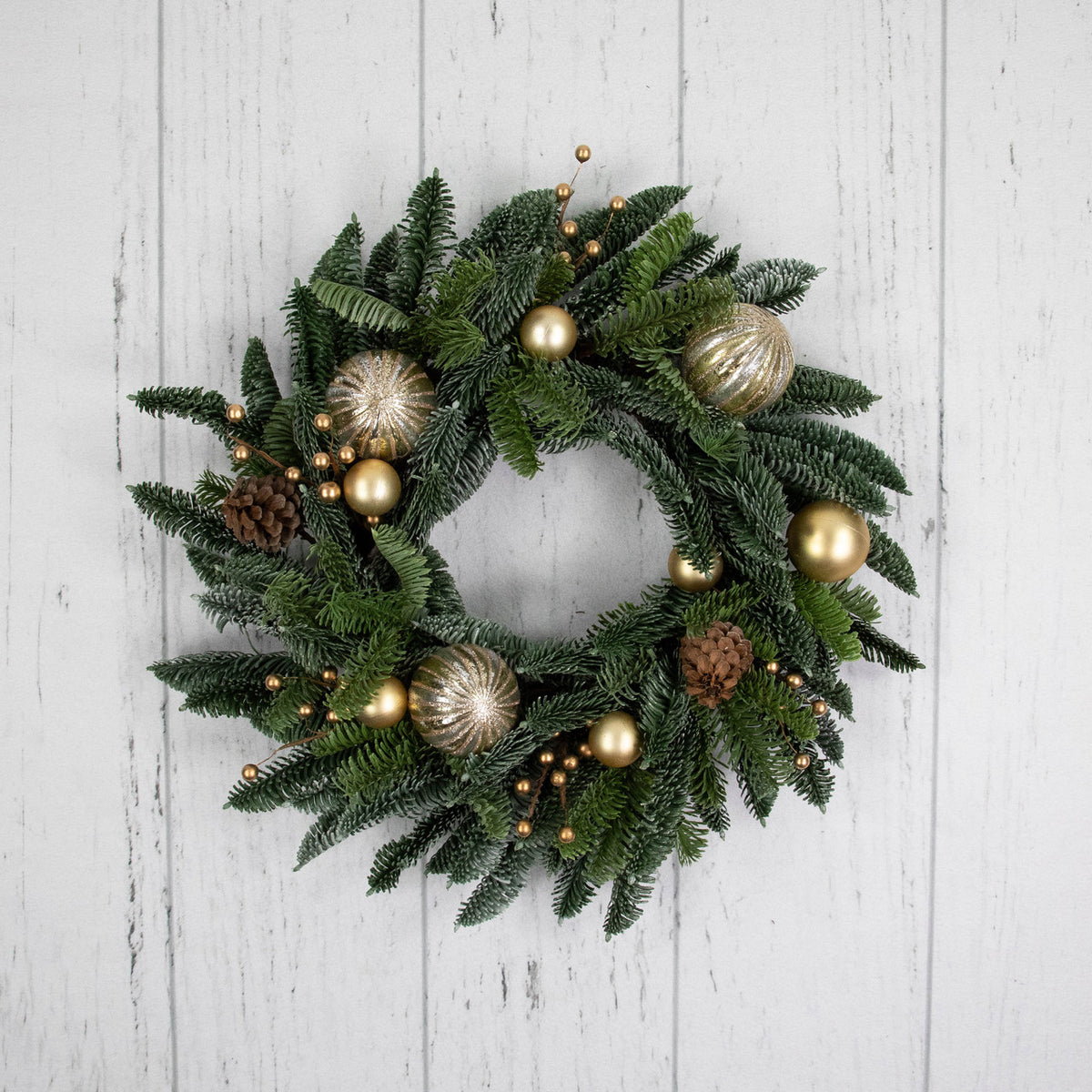 Evergreen Christmas Wreath with Shatterproof Gold Ornaments and Grapevine Back 22 Inch