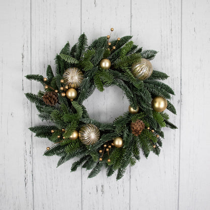 Evergreen Christmas Wreath with Shatterproof Gold Ornaments and Grapevine Back 22 Inch