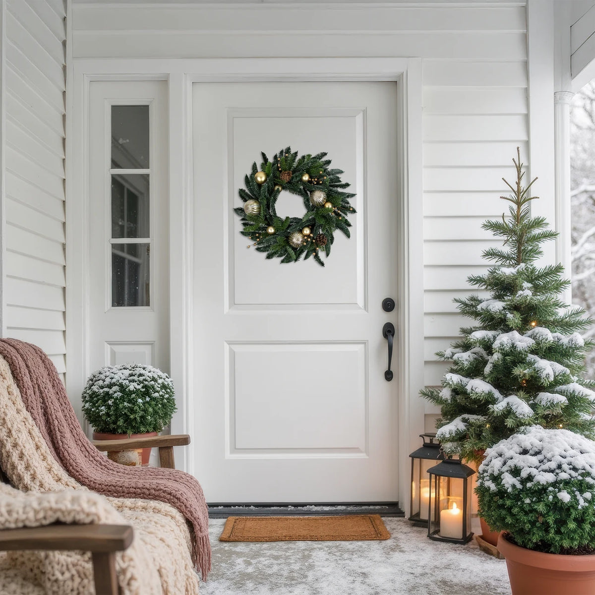 Evergreen Christmas Wreath with Shatterproof Gold Ornaments and Grapevine Back 22 Inch
