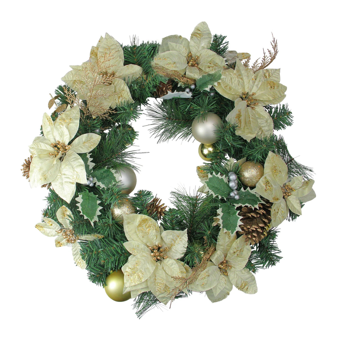 Gold Eucalyptus and Poinsettia Wreath with Holly Berries 24 Inch Unlit