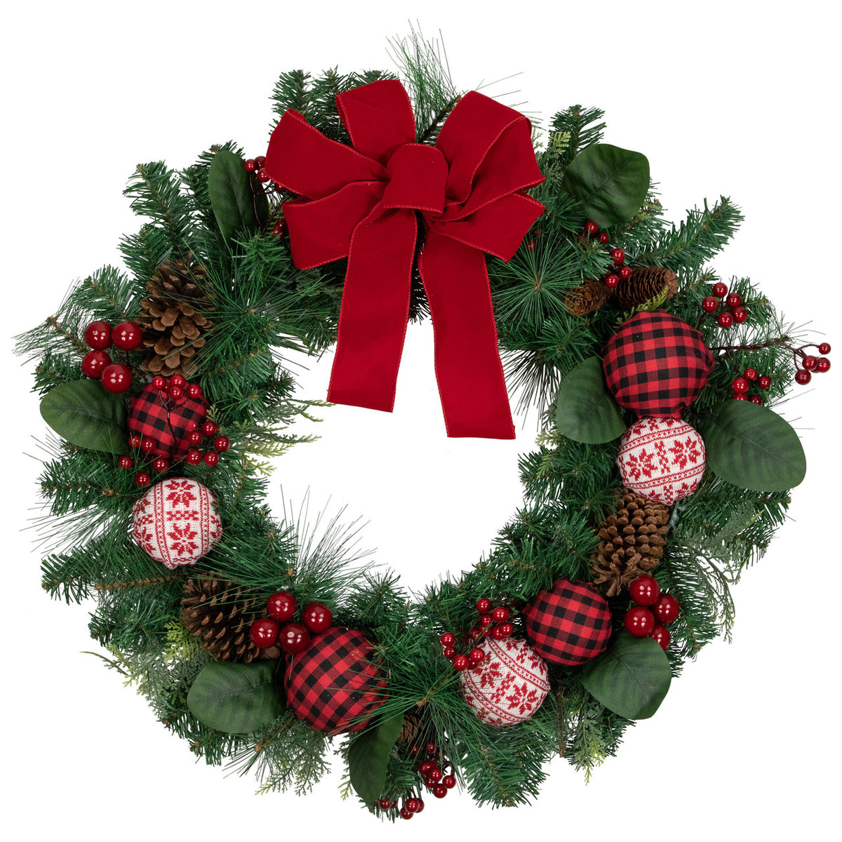Snowflake Sweater Ornament Christmas Wreath with Red Bow 30 Inch