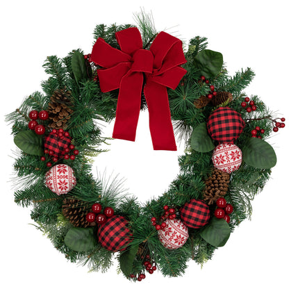 Snowflake Sweater Ornament Christmas Wreath with Red Bow 30 Inch