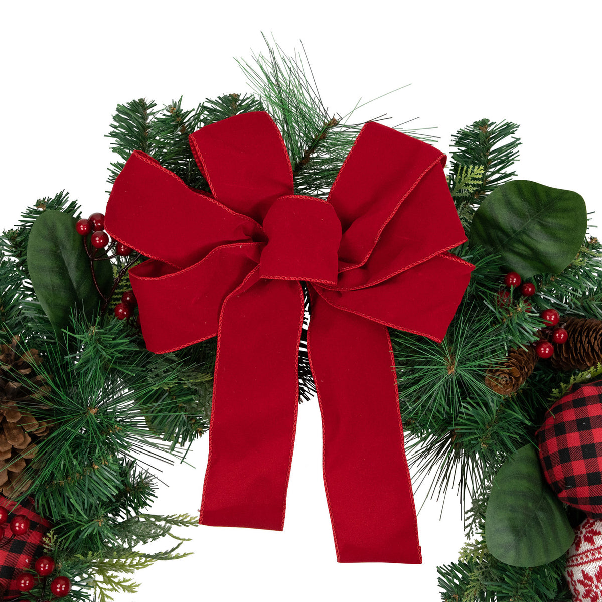 Snowflake Sweater Ornament Christmas Wreath with Red Bow 30 Inch