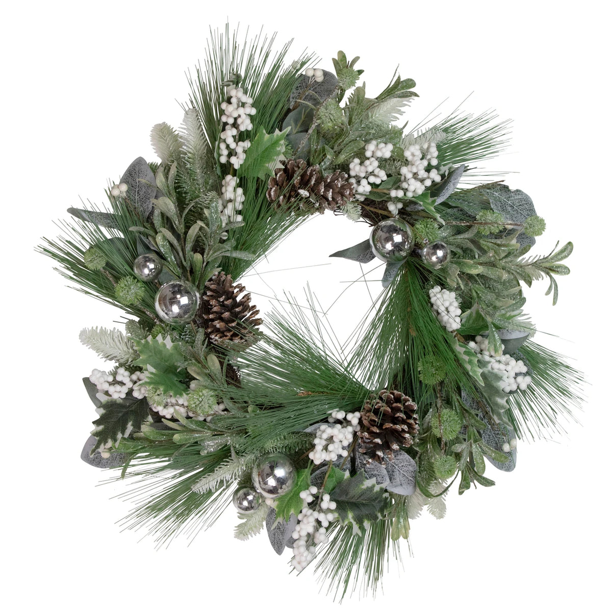 Icy Frosted Greenery Wreath with Silver Ornaments and Berries 24 Inch Unlit