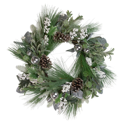 Icy Frosted Greenery Wreath with Silver Ornaments and Berries 24 Inch Unlit
