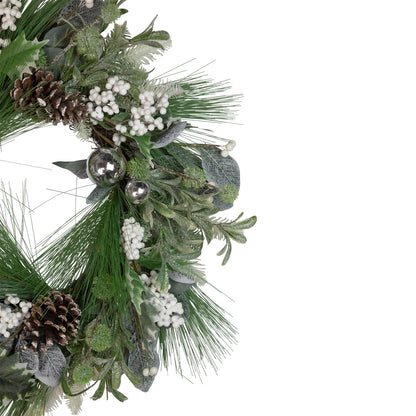 Icy Frosted Greenery Wreath with Silver Ornaments and Berries 24 Inch Unlit