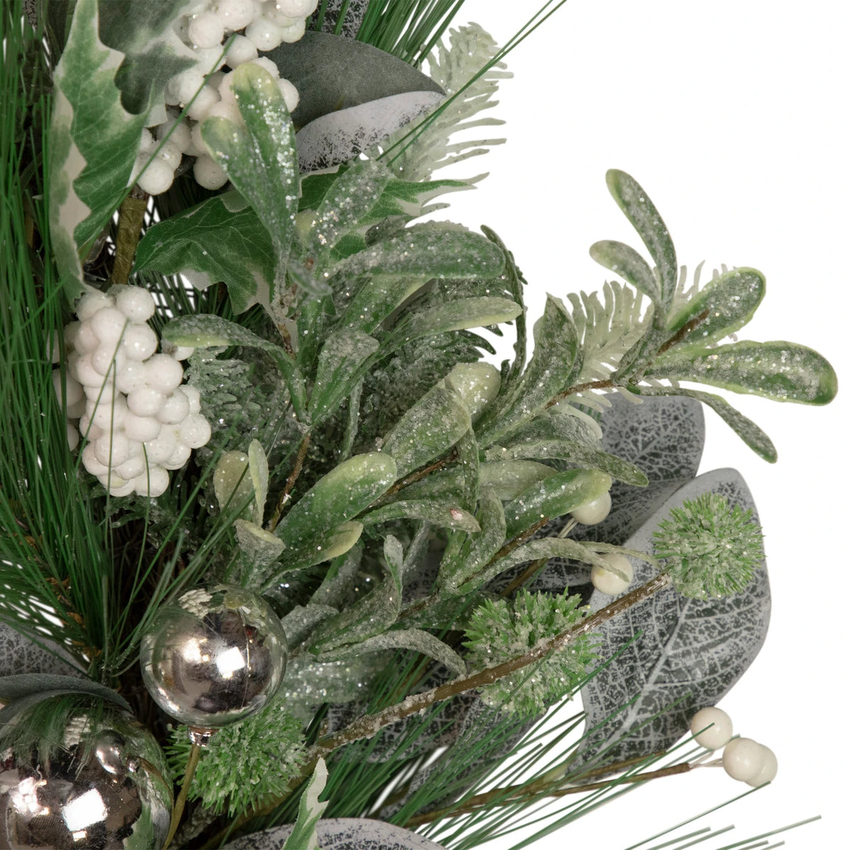 Icy Frosted Greenery Wreath with Silver Ornaments and Berries 24 Inch Unlit