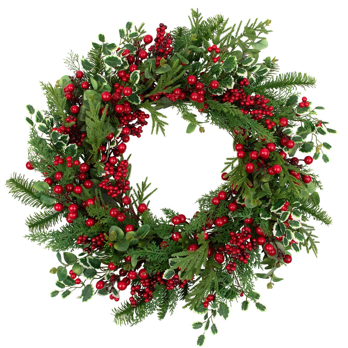 Woodland Greenery Christmas Wreath with Cedar Holly and Berries 30 Inch