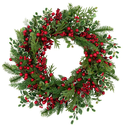 Woodland Greenery Christmas Wreath with Cedar Holly and Berries 30 Inch
