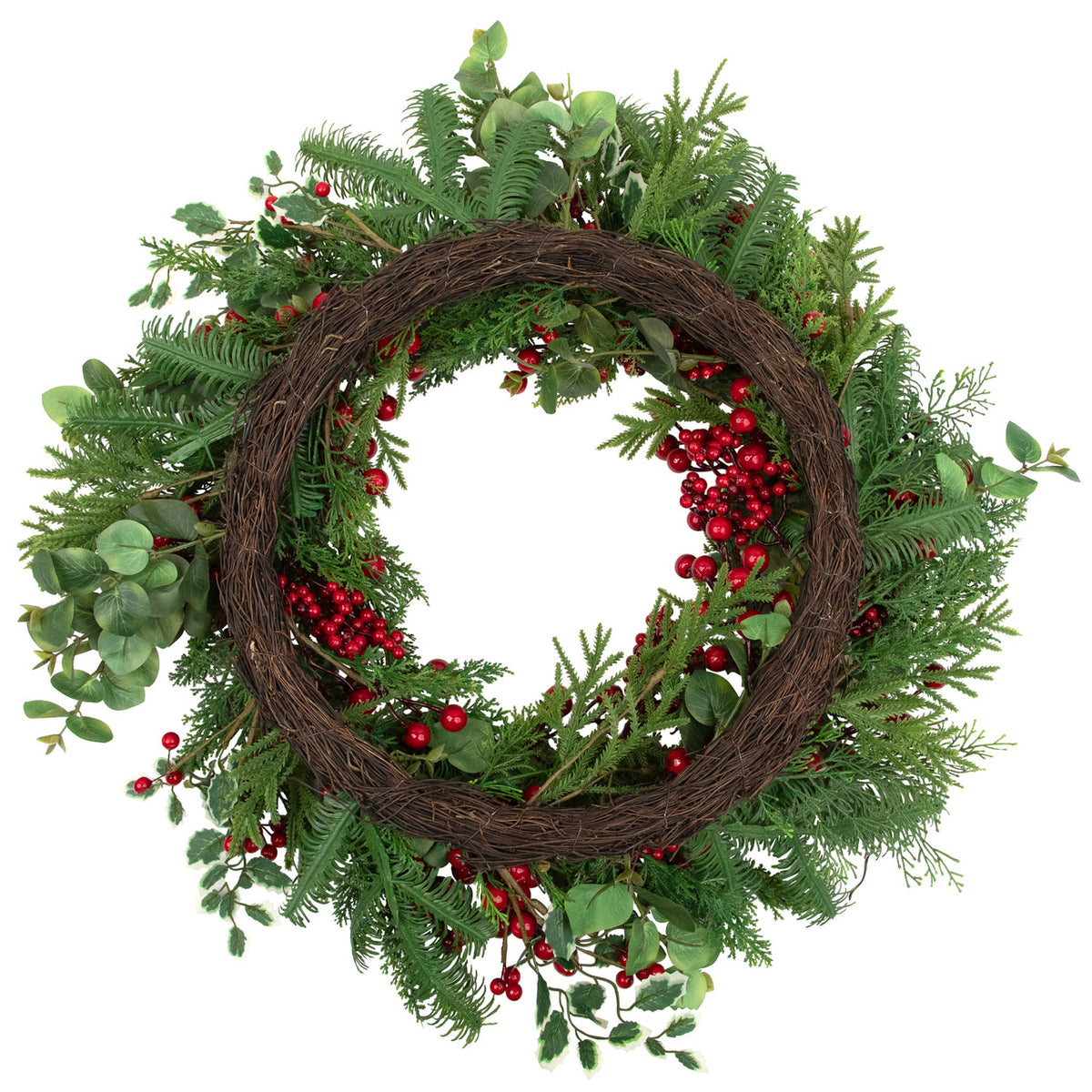 Woodland Greenery Christmas Wreath with Cedar Holly and Berries 30 Inch