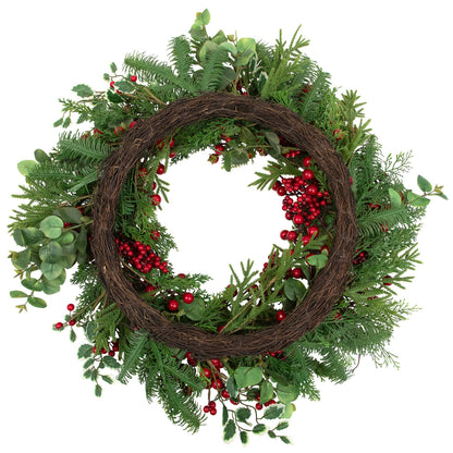 Woodland Greenery Christmas Wreath with Cedar Holly and Berries 30 Inch