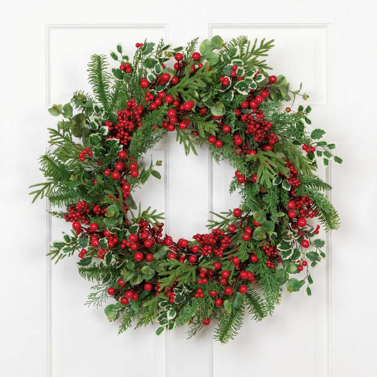 Woodland Greenery Christmas Wreath with Cedar Holly and Berries 30 Inch