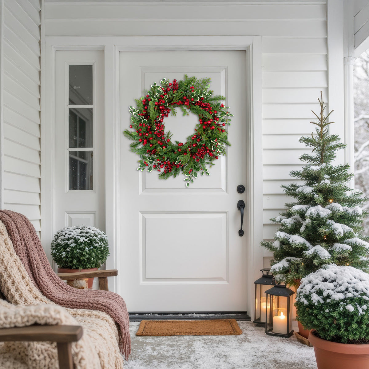 Woodland Greenery Christmas Wreath with Cedar Holly and Berries 30 Inch
