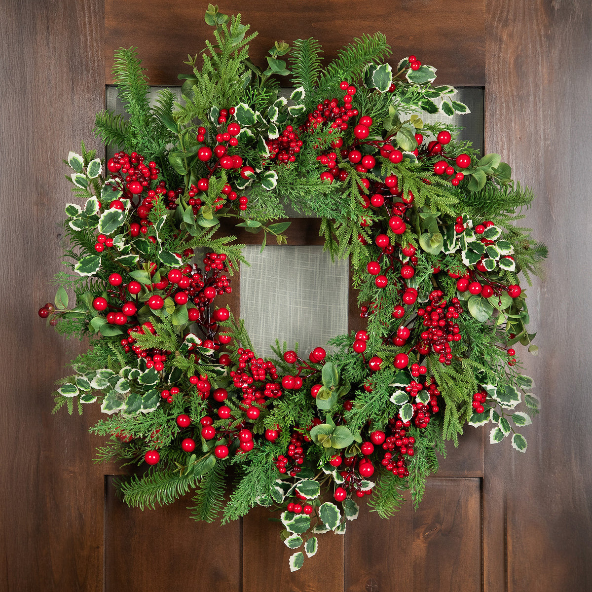 Woodland Greenery Christmas Wreath with Cedar Holly and Berries 30 Inch