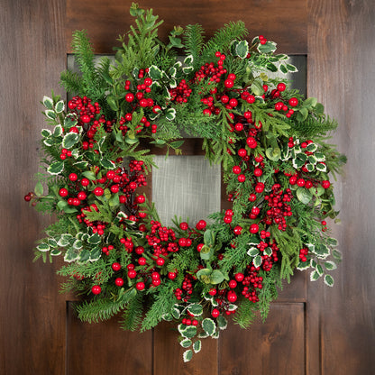 Woodland Greenery Christmas Wreath with Cedar Holly and Berries 30 Inch