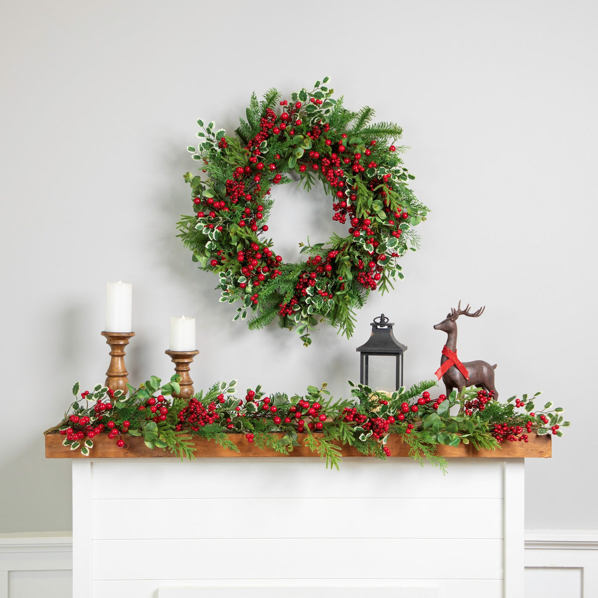 Woodland Greenery Christmas Wreath with Cedar Holly and Berries 30 Inch