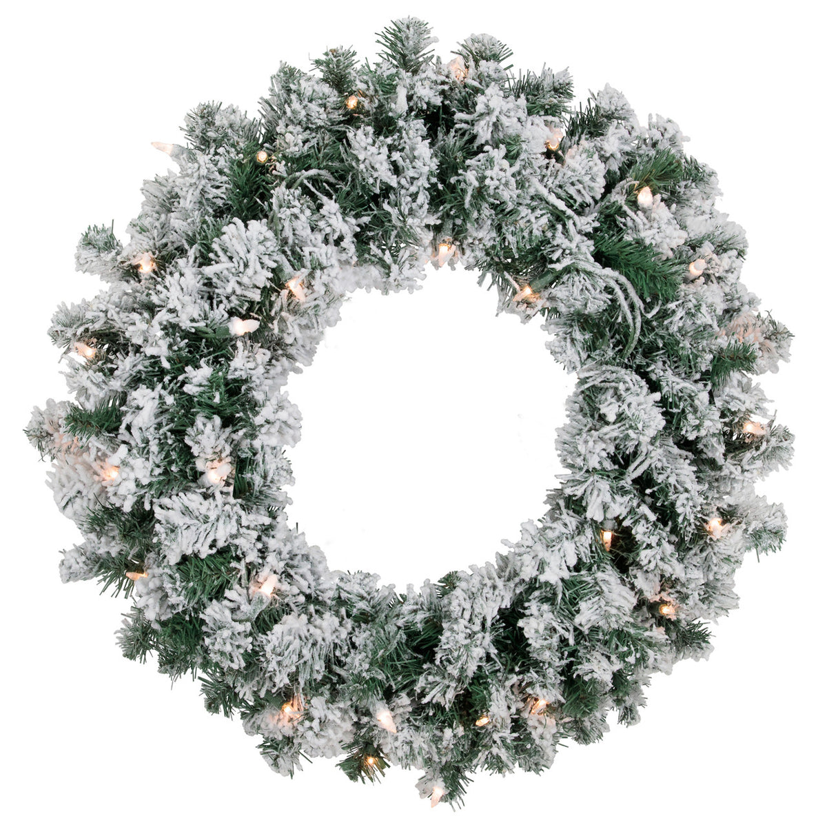 Snow Dusted White Christmas Wreath with 50 Plug In Mini Lights 24 Inch