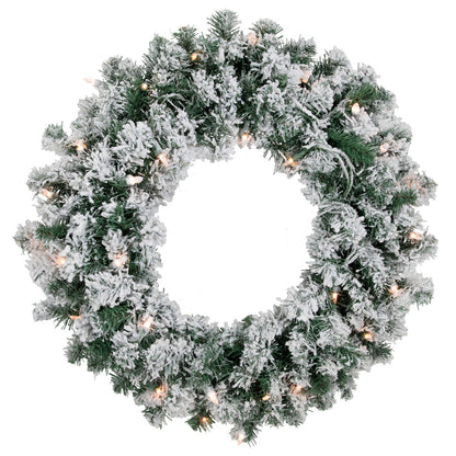 Snow Dusted White Christmas Wreath with 50 Plug In Mini Lights 24 Inch
