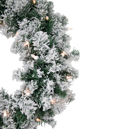 Snow Dusted White Christmas Wreath with 50 Plug In Mini Lights 24 Inch