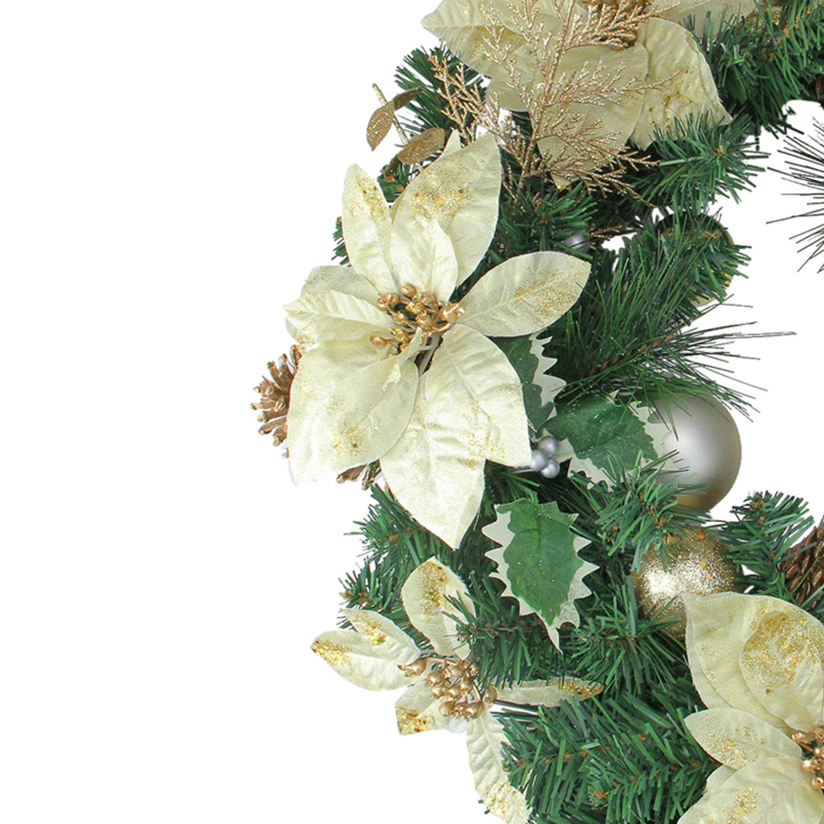 Gold Eucalyptus and Poinsettia Wreath with Holly Berries 24 Inch Unlit