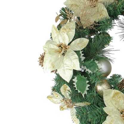 Gold Eucalyptus and Poinsettia Wreath with Holly Berries 24 Inch Unlit