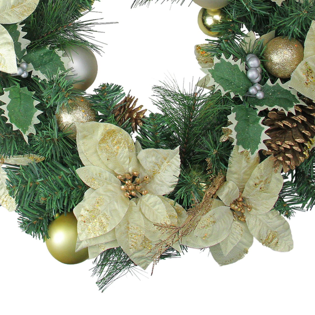 Gold Eucalyptus and Poinsettia Wreath with Holly Berries 24 Inch Unlit